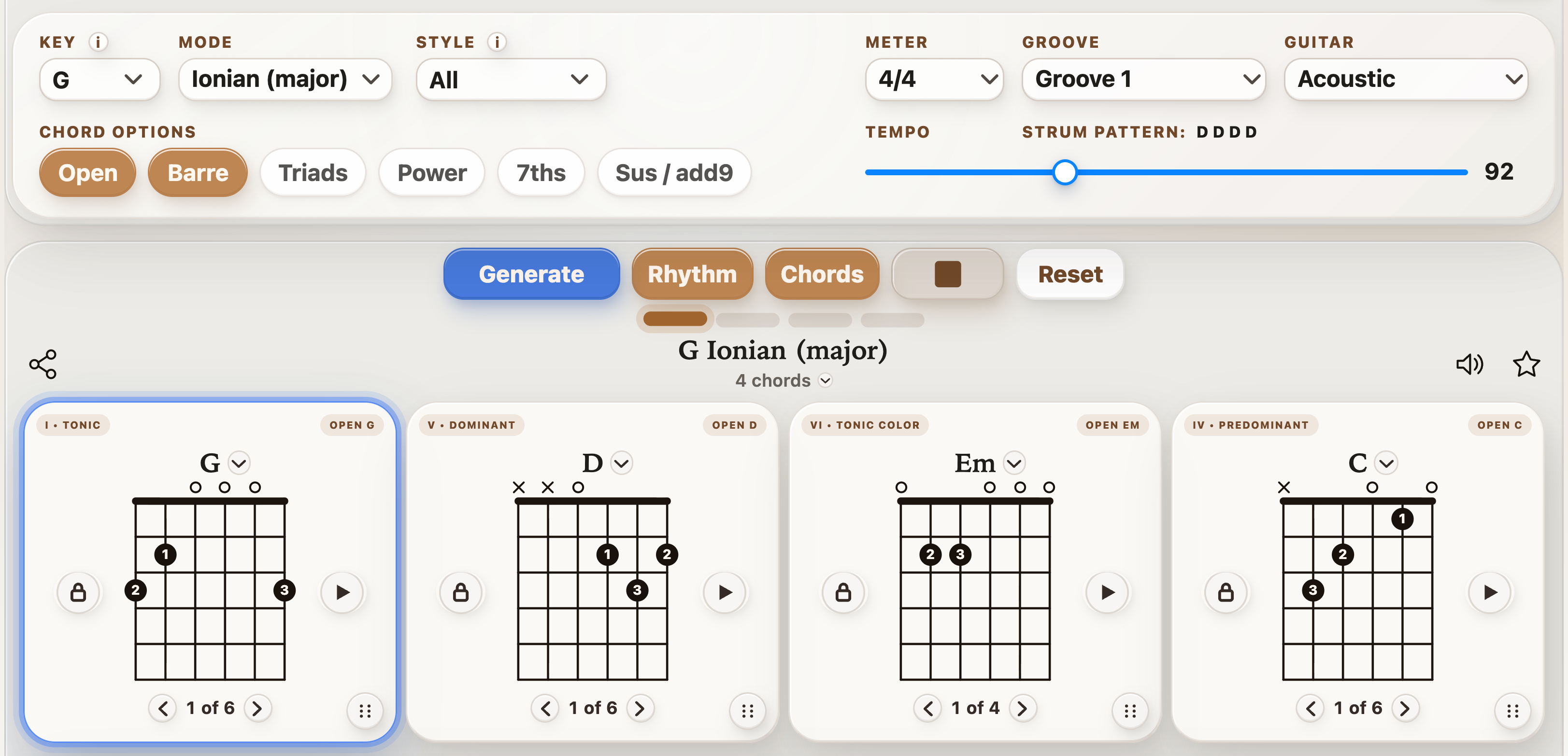 StrumForge playing a guitar chord progression with groove controls and the active chord highlighted