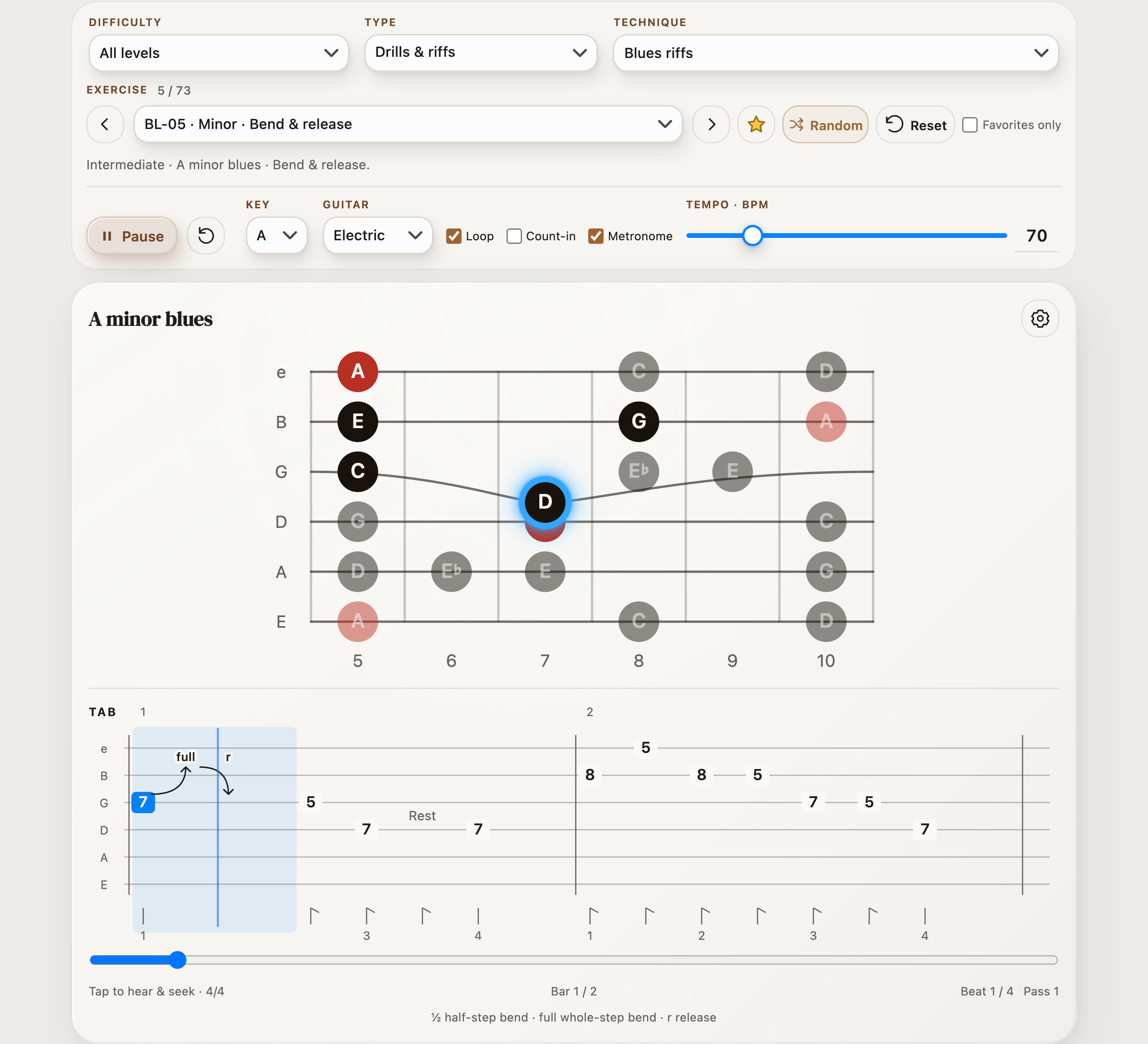 BL-05 Minor Bend & release playing in StrumForge, with a bent fretboard note and matching highlighted TAB
