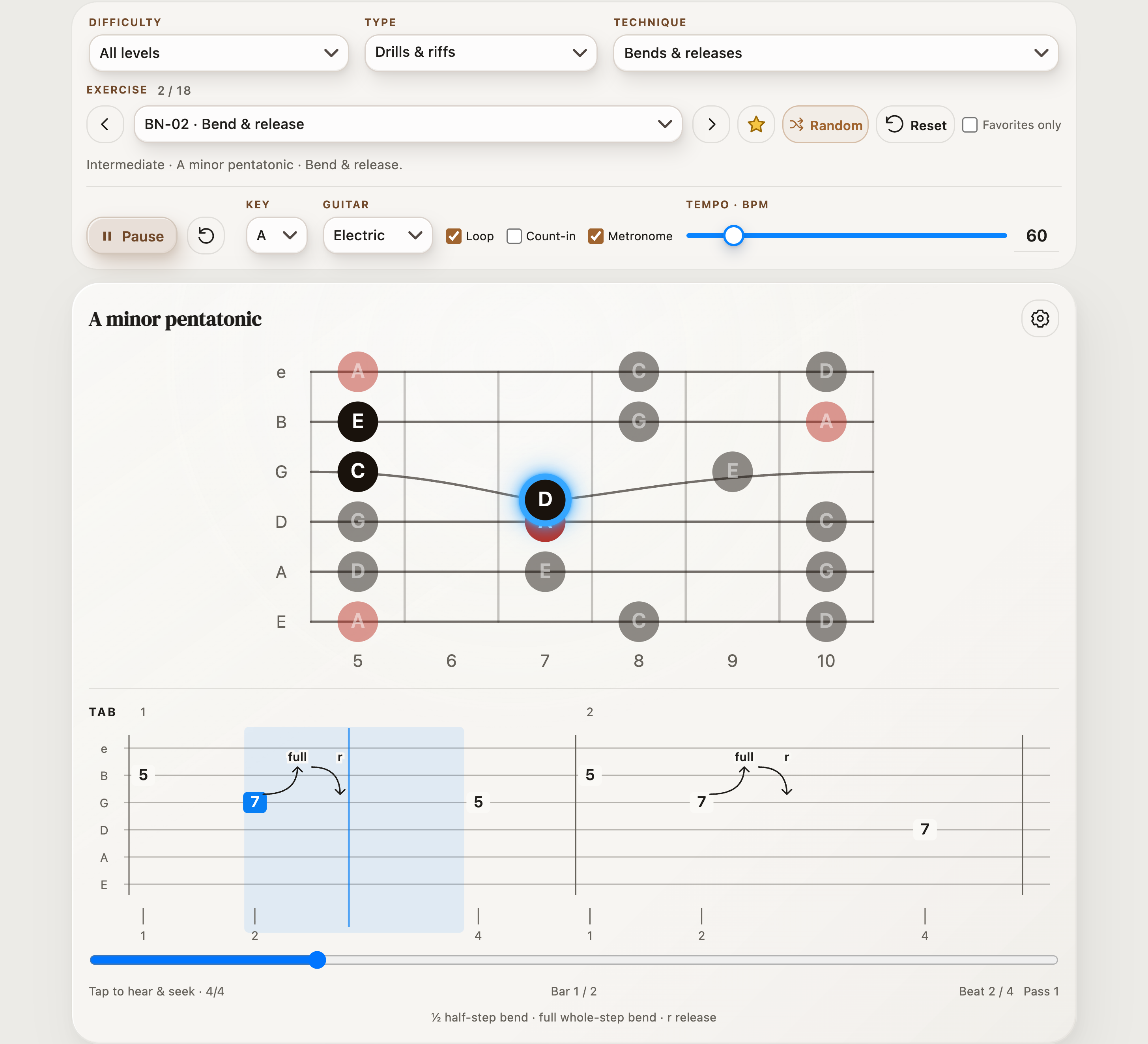StrumForge playing a whole-step bend and release, with the bent note moving on the fretboard and the same TAB event highlighted