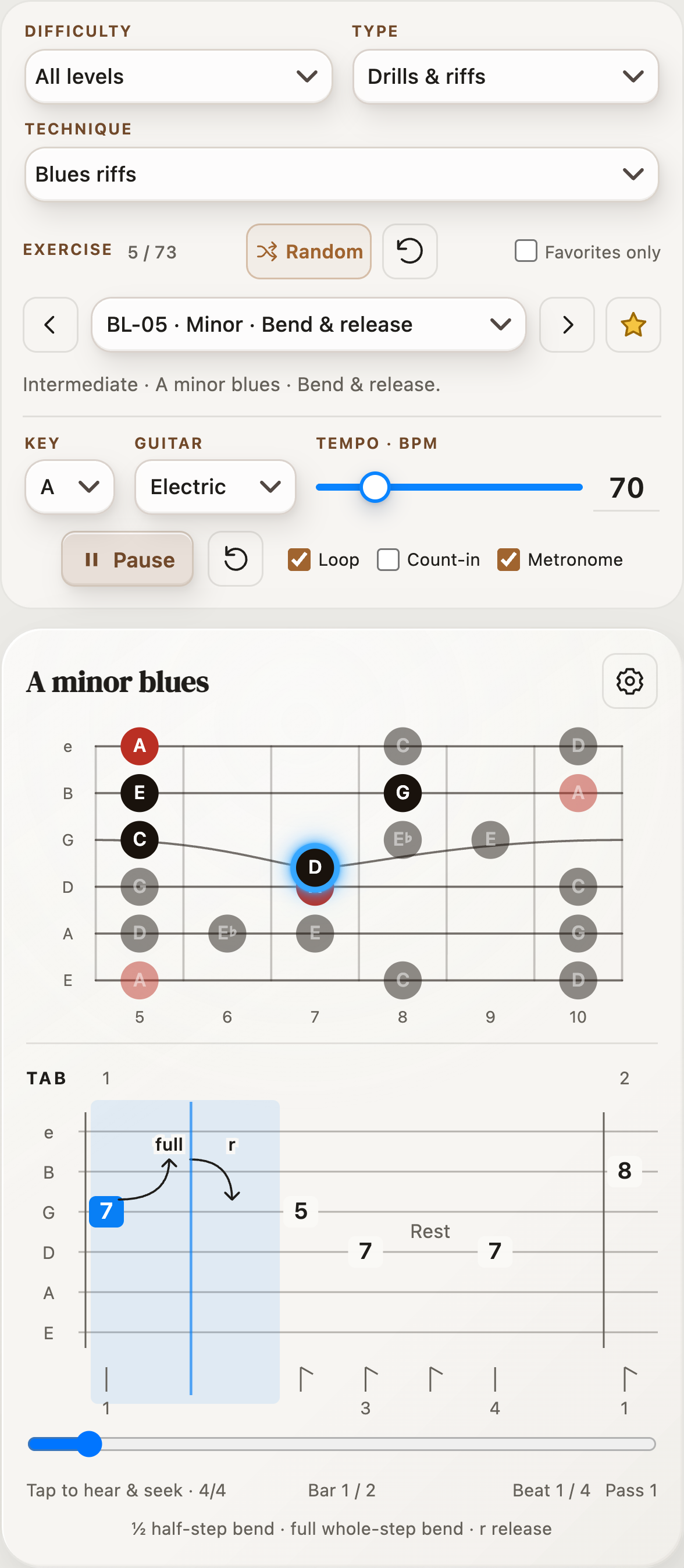 StrumForge Exercises on a narrow phone viewport, playing a major/minor blues phrase with a moving bend and active TAB