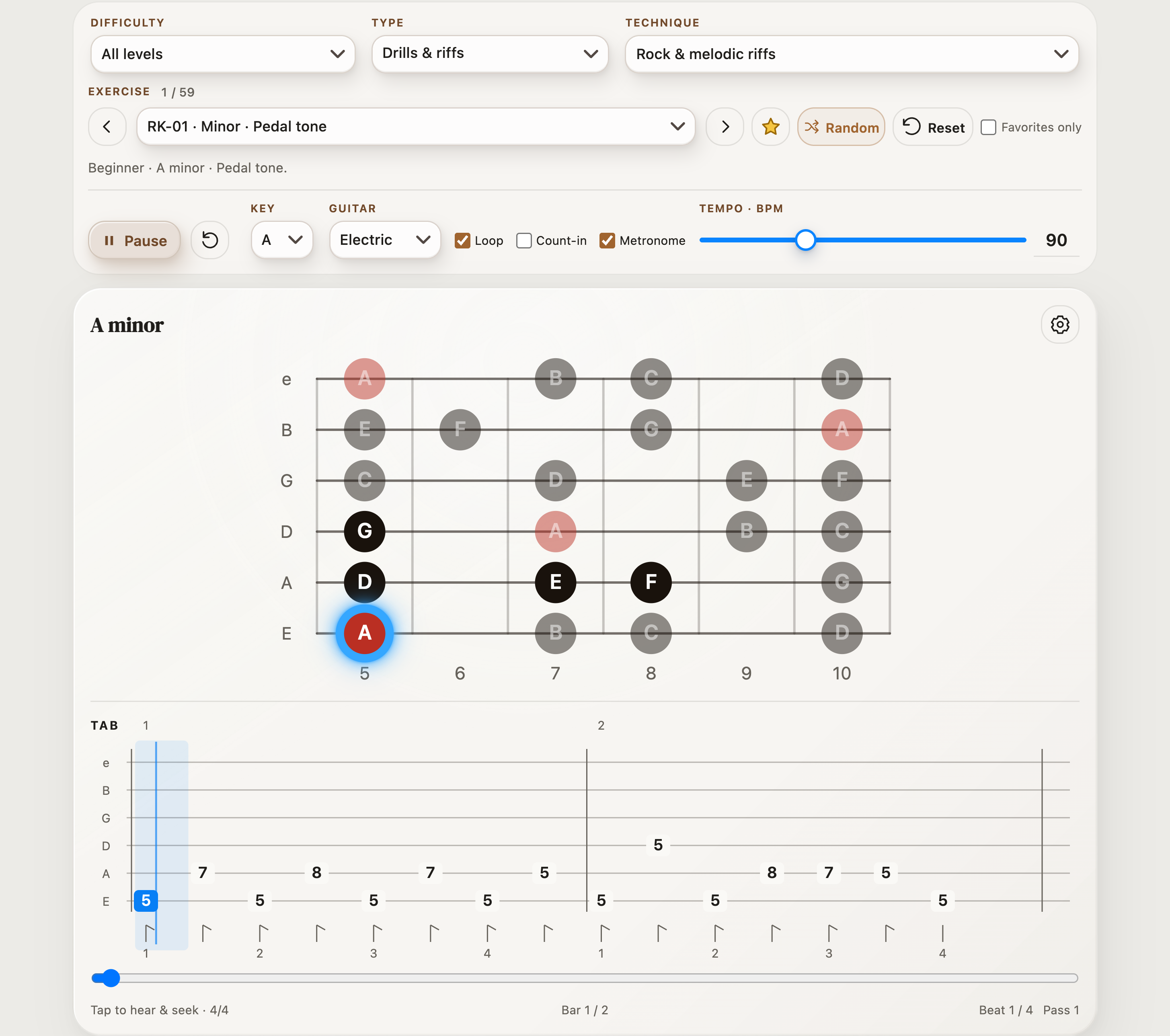 RK-01 Minor Pedal tone playing in StrumForge with the sounding note highlighted on the fretboard and animated TAB