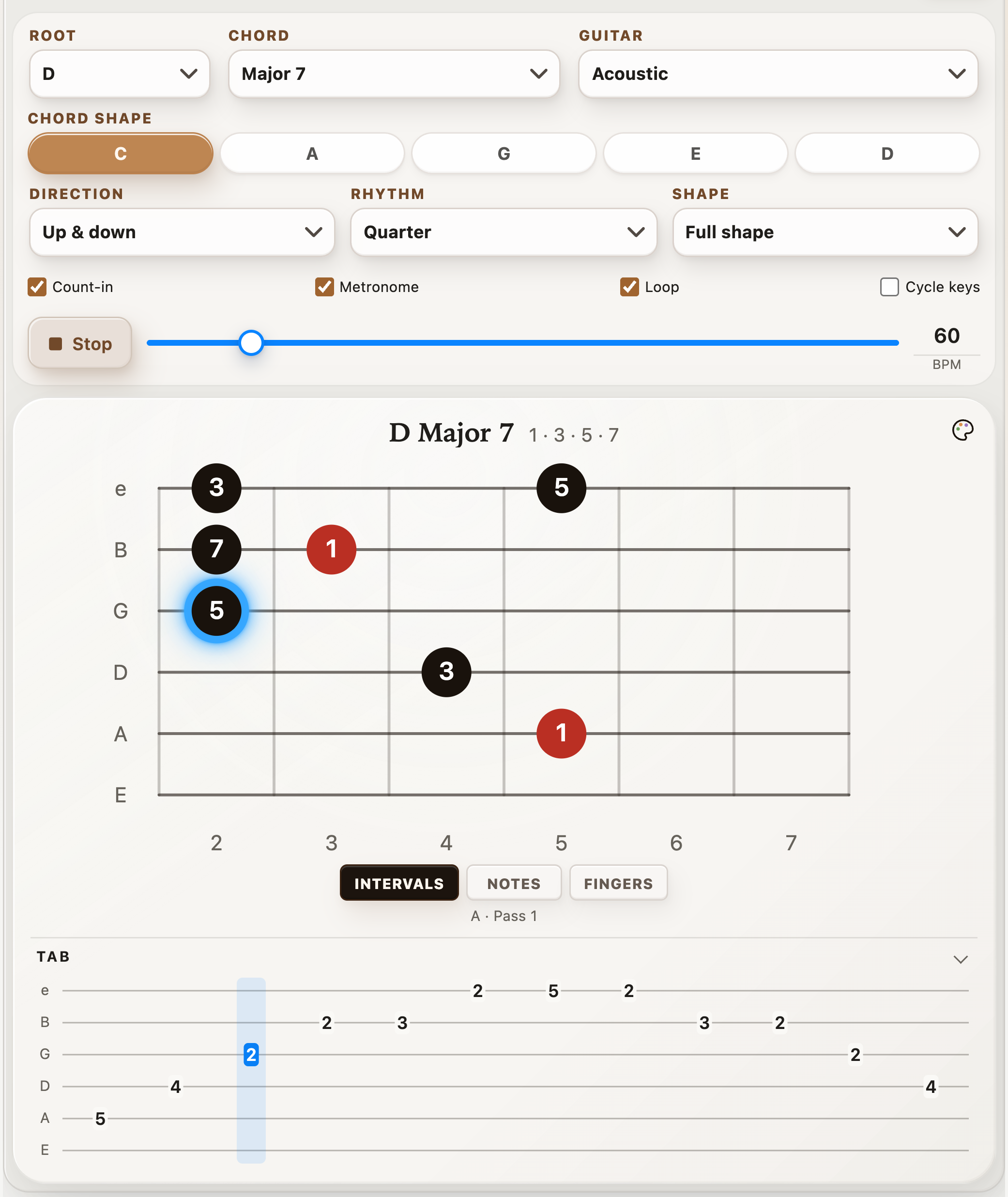 Arpeggio Trainer playing a D major 7 CAGED shape with the current note highlighted on both the fretboard and expanded guitar TAB diagram
