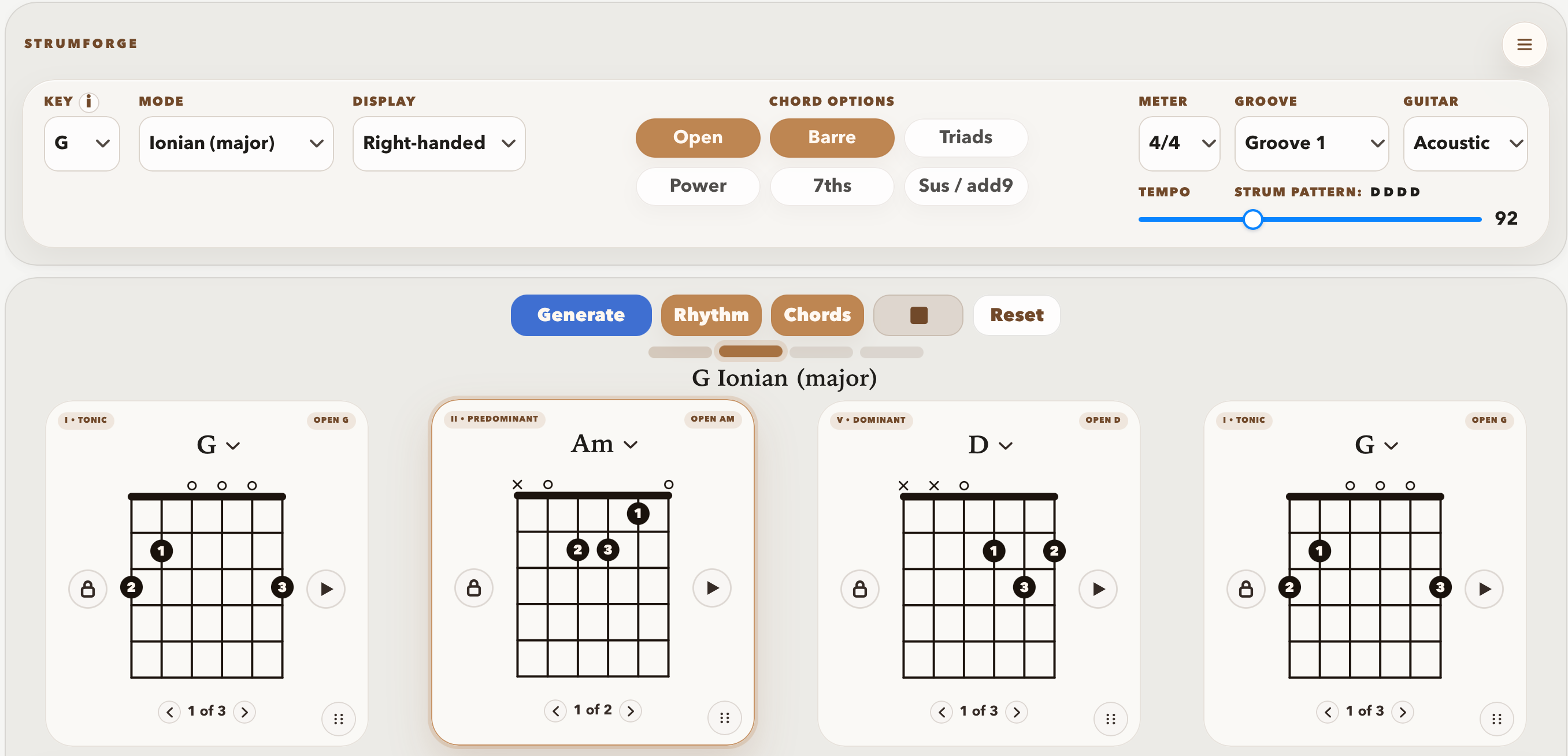 StrumForge on iPhone and iPad showing progression controls and chord cards in landscape