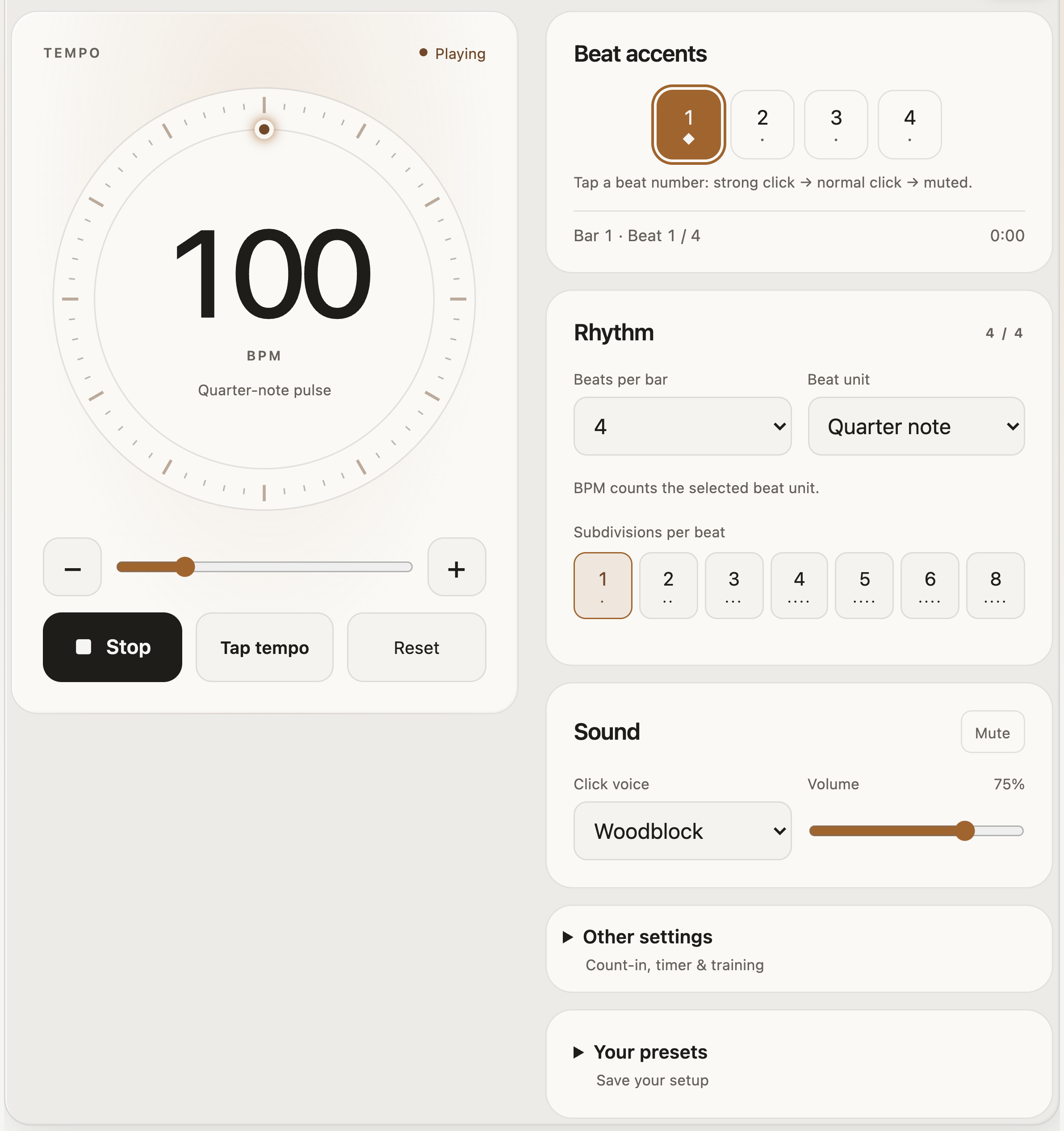 StrumForge metronome at 100 BPM with the tempo dial, beat accents, time signature, and subdivision controls