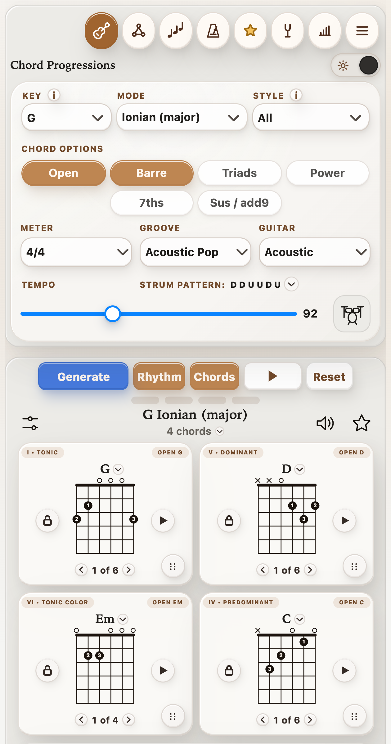 Current StrumForge mobile app showing the drum-kit Rhythm button beside tempo, Acoustic Pop groove, and G D Em C chord diagrams
