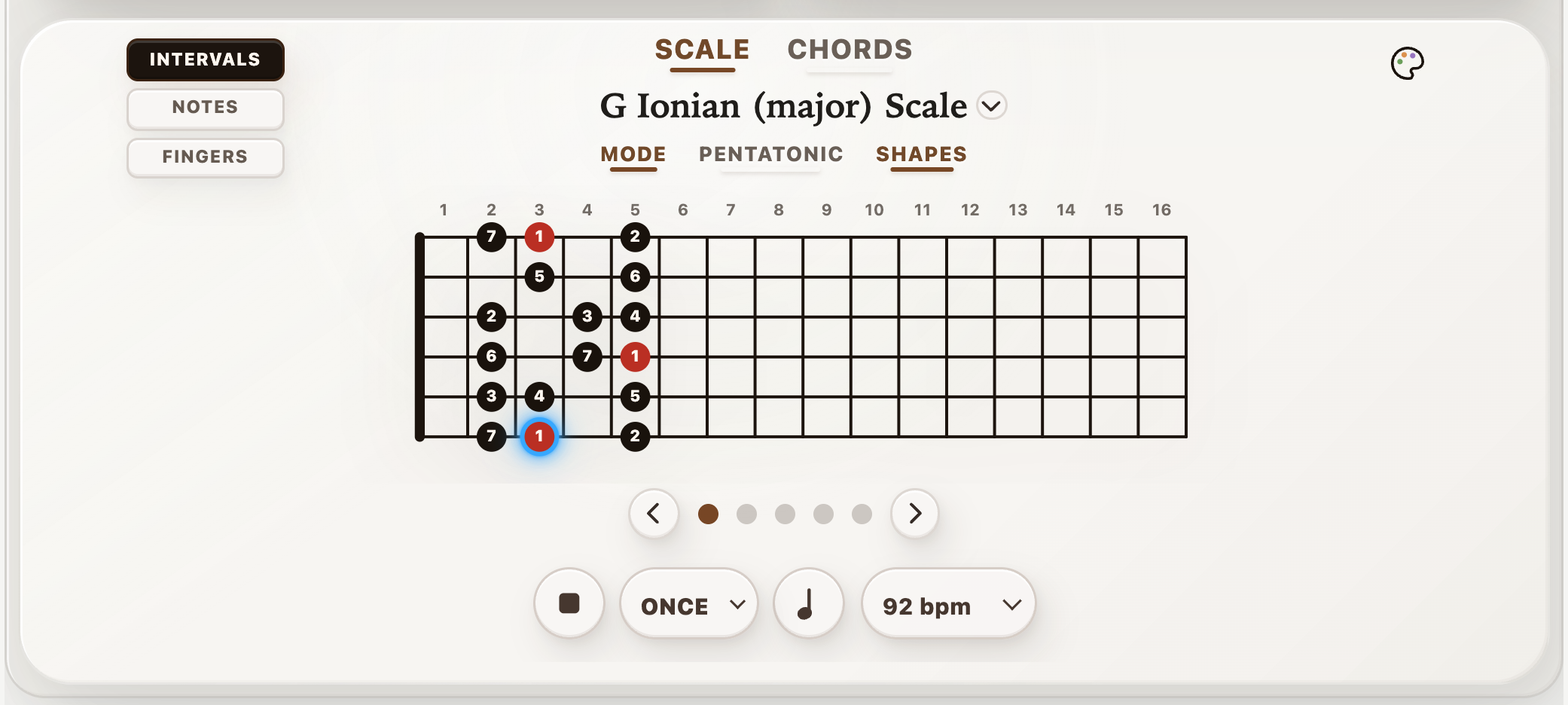 StrumForge G major scale playback with the active note highlighted on the fretboard