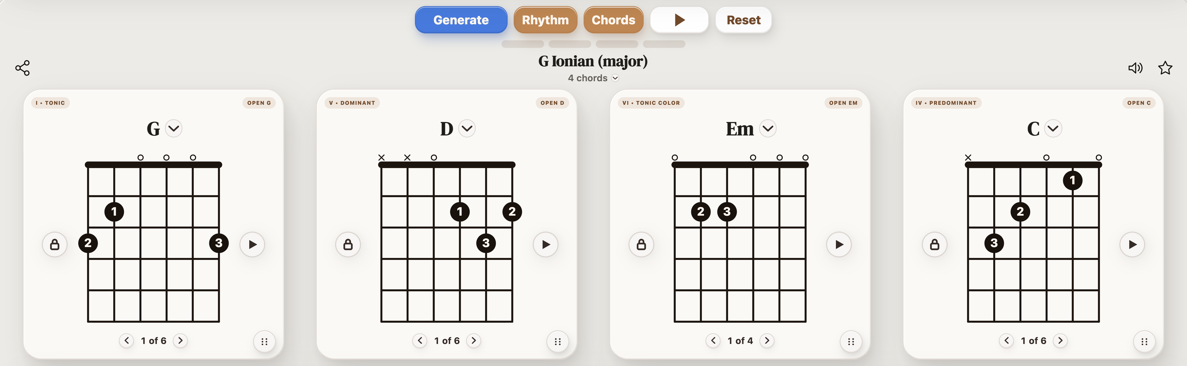 G major progression controls with G, D, E minor, and C guitar diagrams