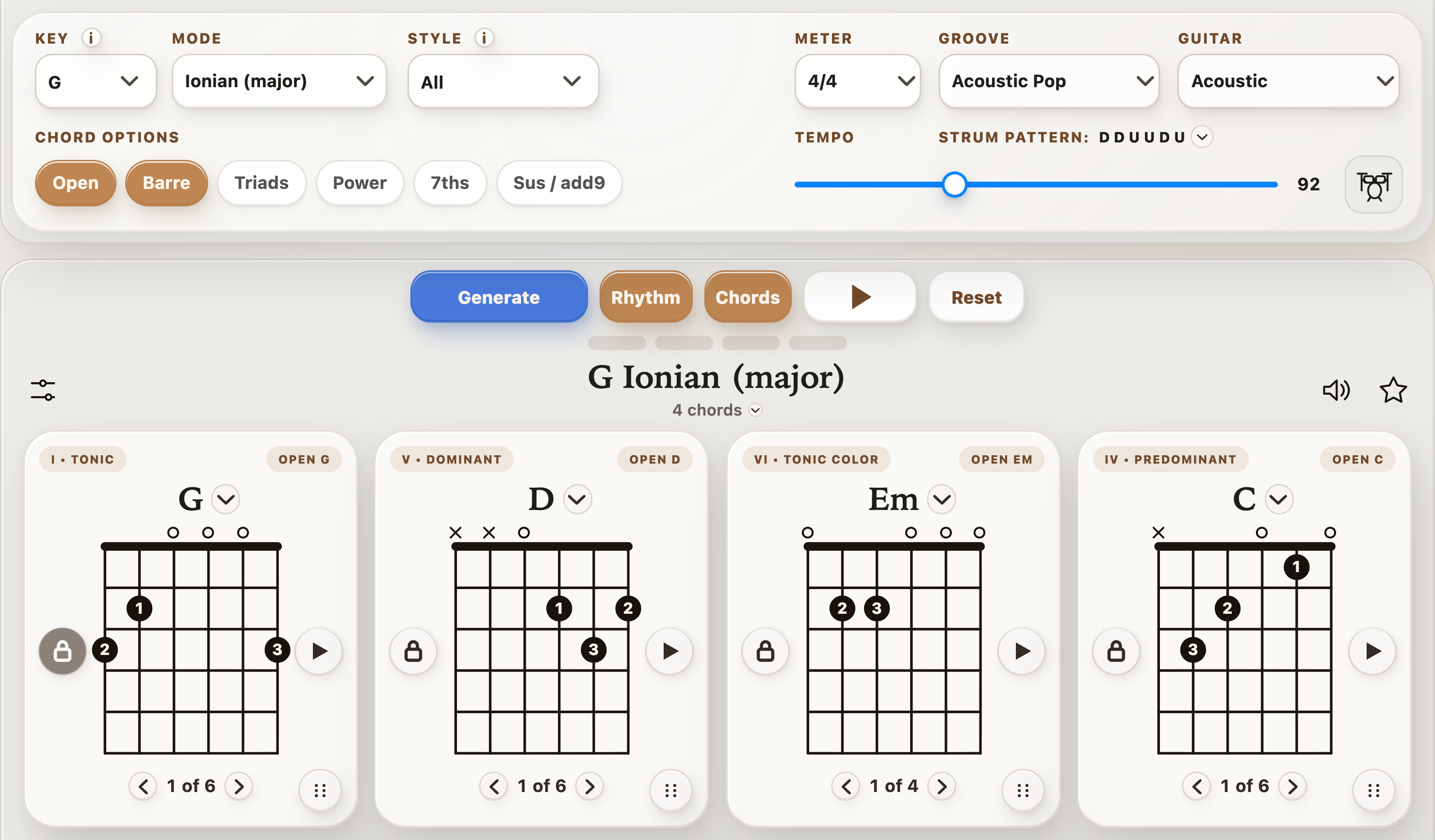 G–D–Em–C with the first G locked and the drum-kit Rhythm button beside BPM