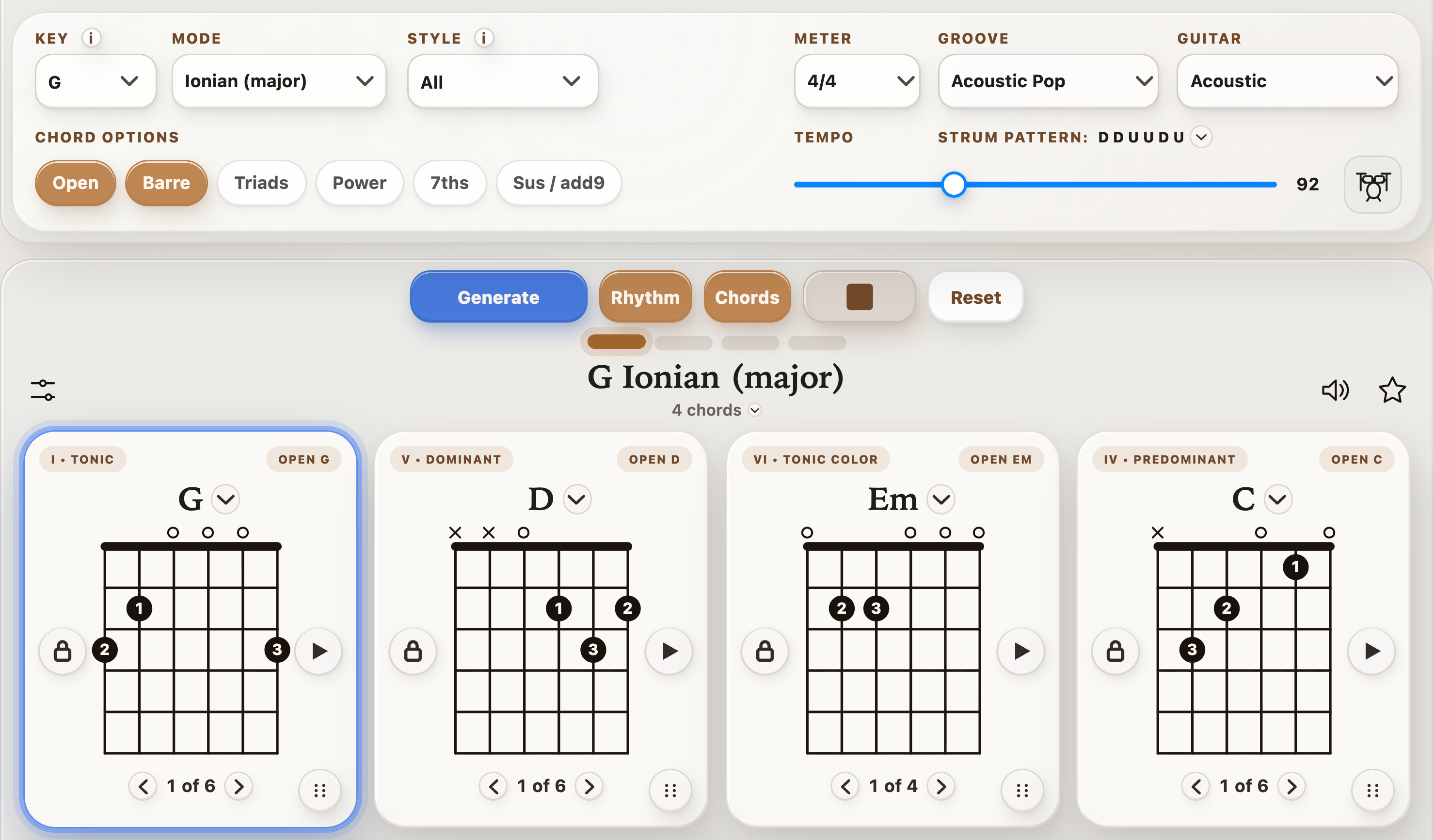 StrumForge playing G–D–Em–C with the active chord highlighted and the drum-kit Rhythm button