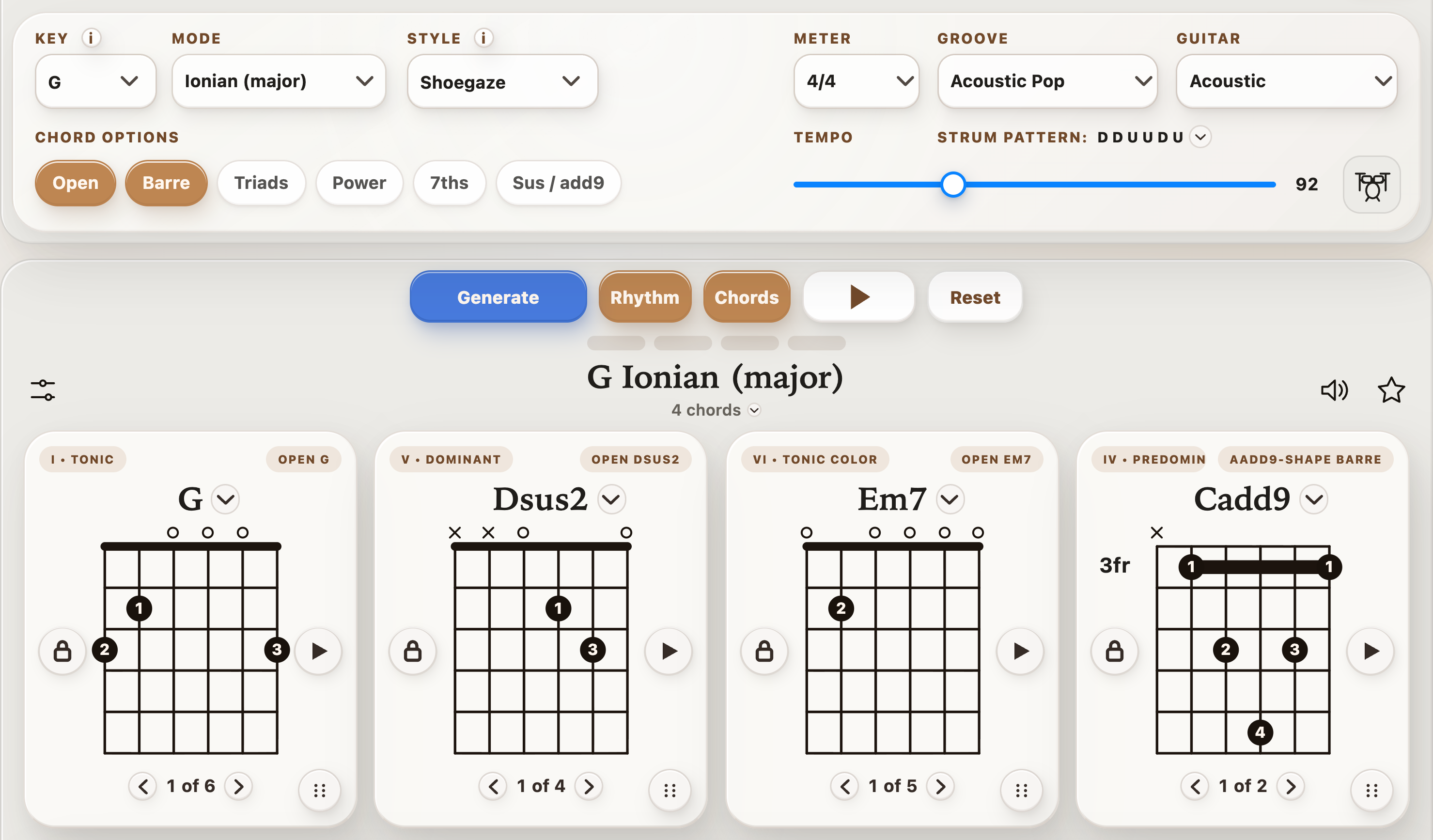 Shoegaze selected in StrumForge with G–Dsus2–Em7–Cadd9 and the drum-kit Rhythm button