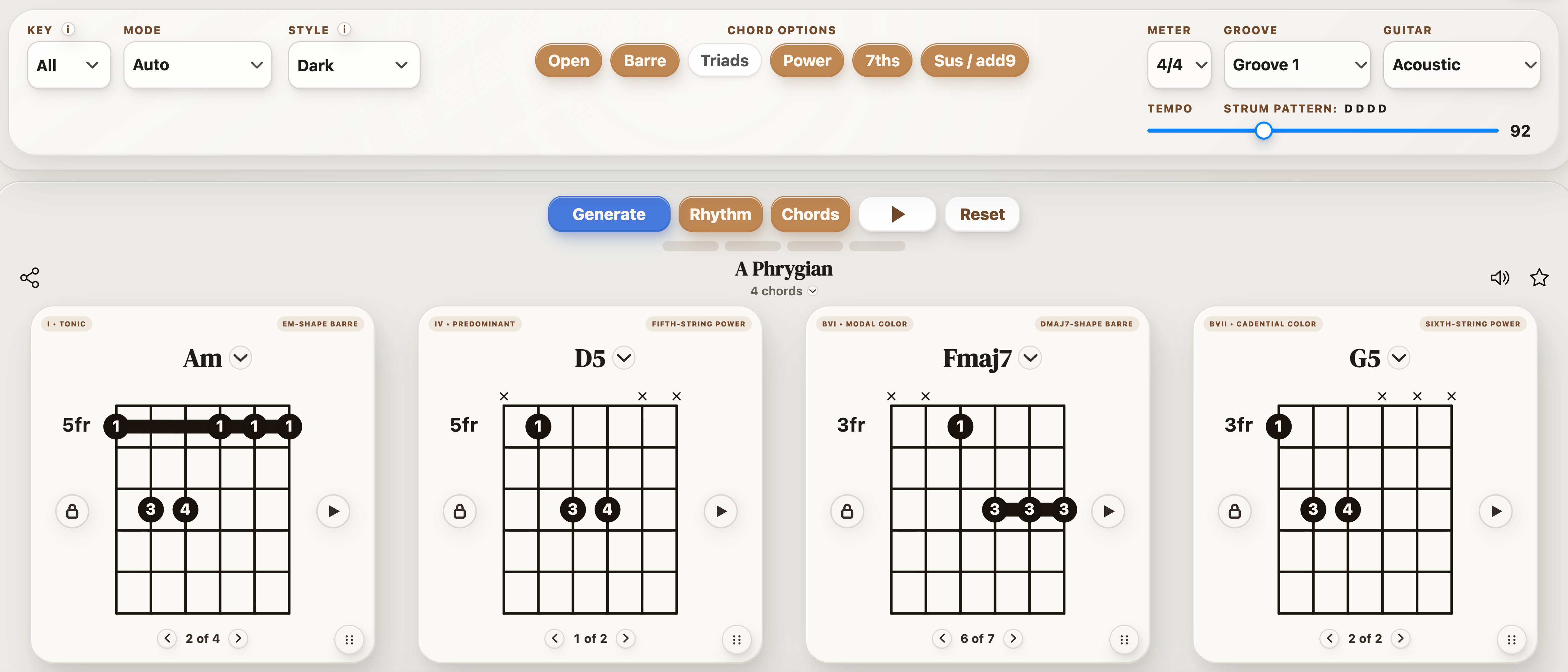 Dark selected in StrumForge with chord options and a generated four-chord progression