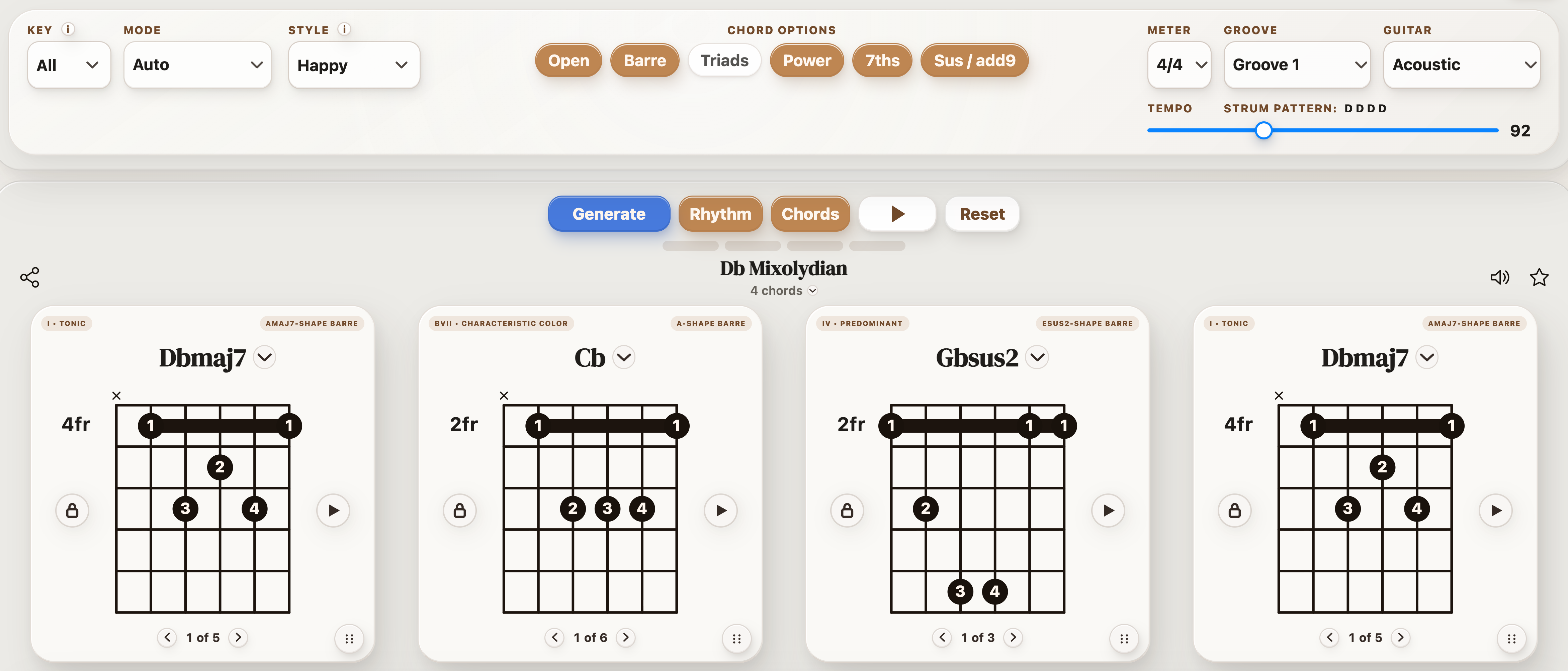Happy selected in StrumForge with chord options and a generated four-chord progression