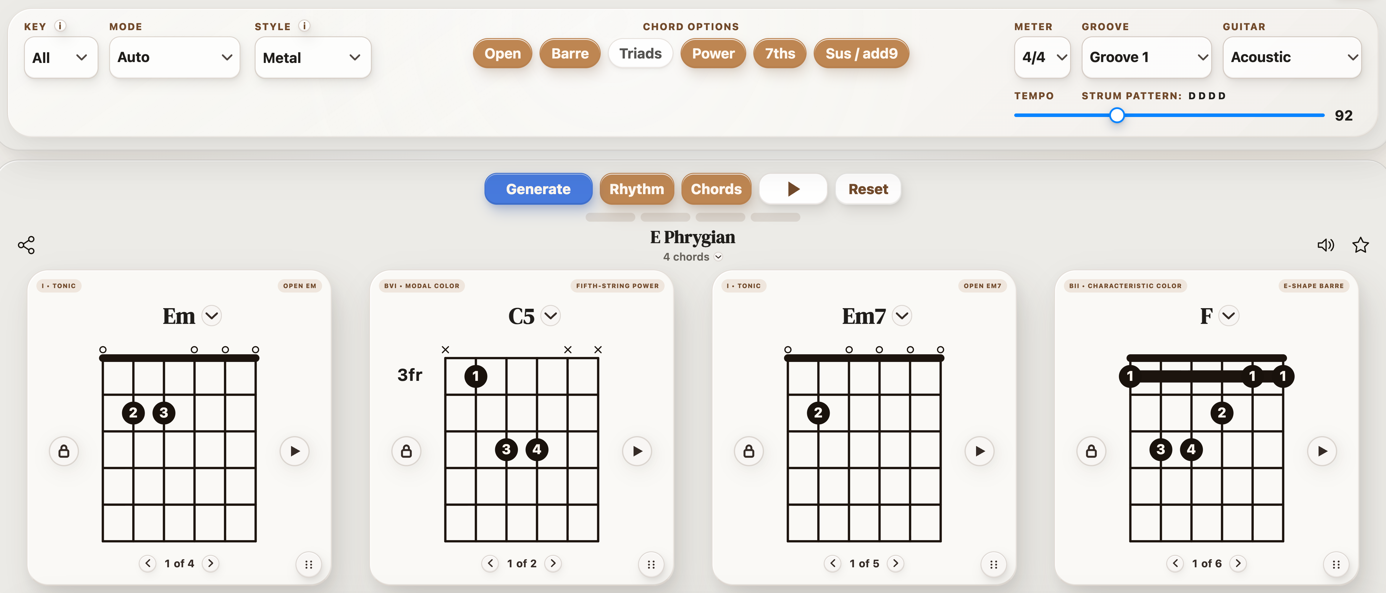 Metal selected in StrumForge with chord options and a generated four-chord progression