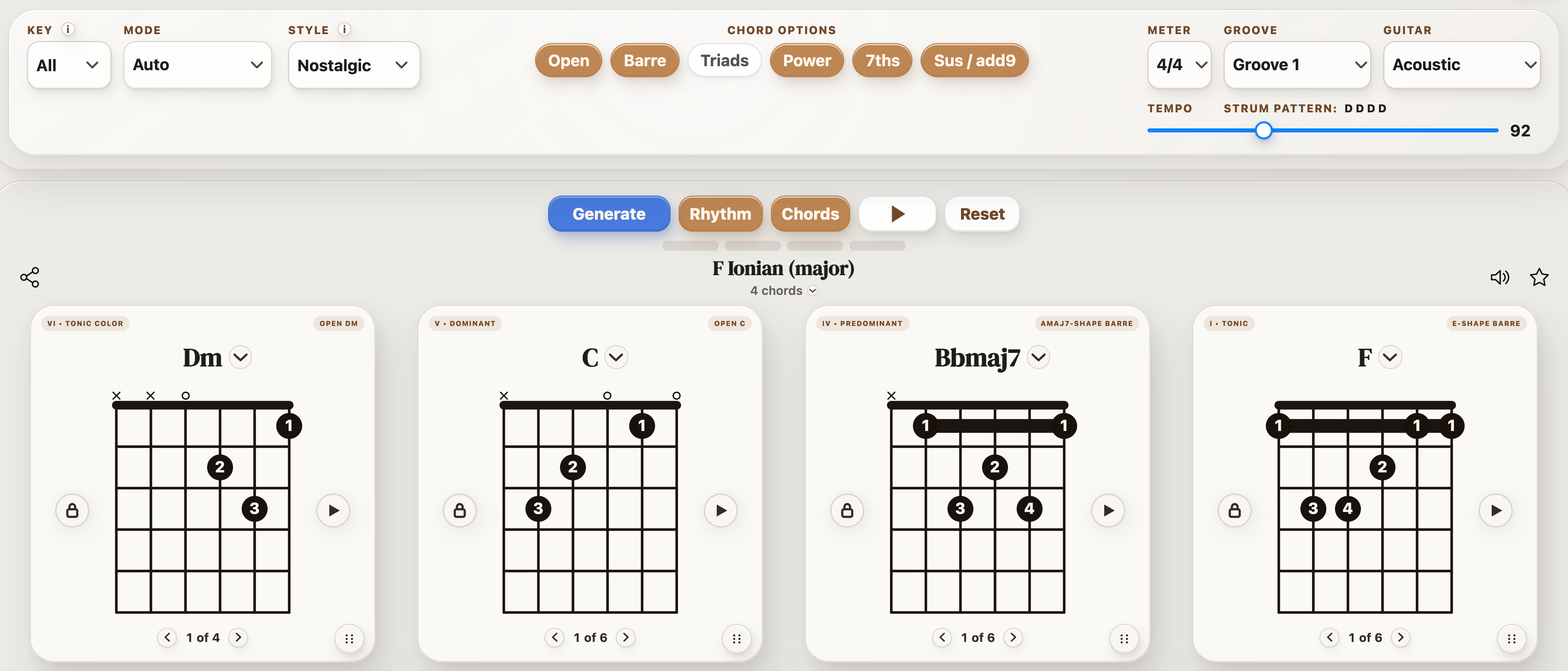 Nostalgic selected in StrumForge with chord options and a generated four-chord progression