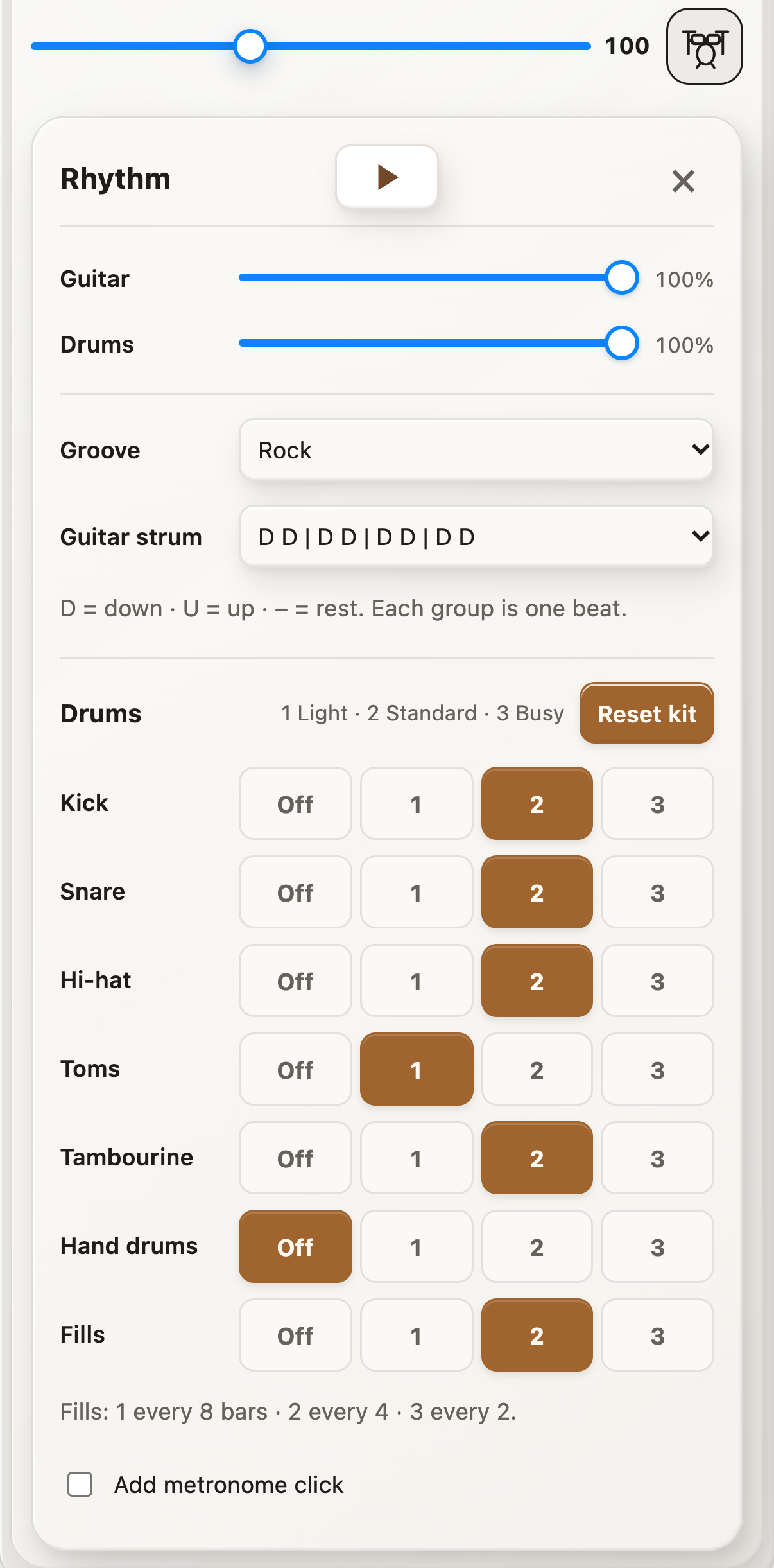 Drum button beside the tempo with the Rhythm panel open