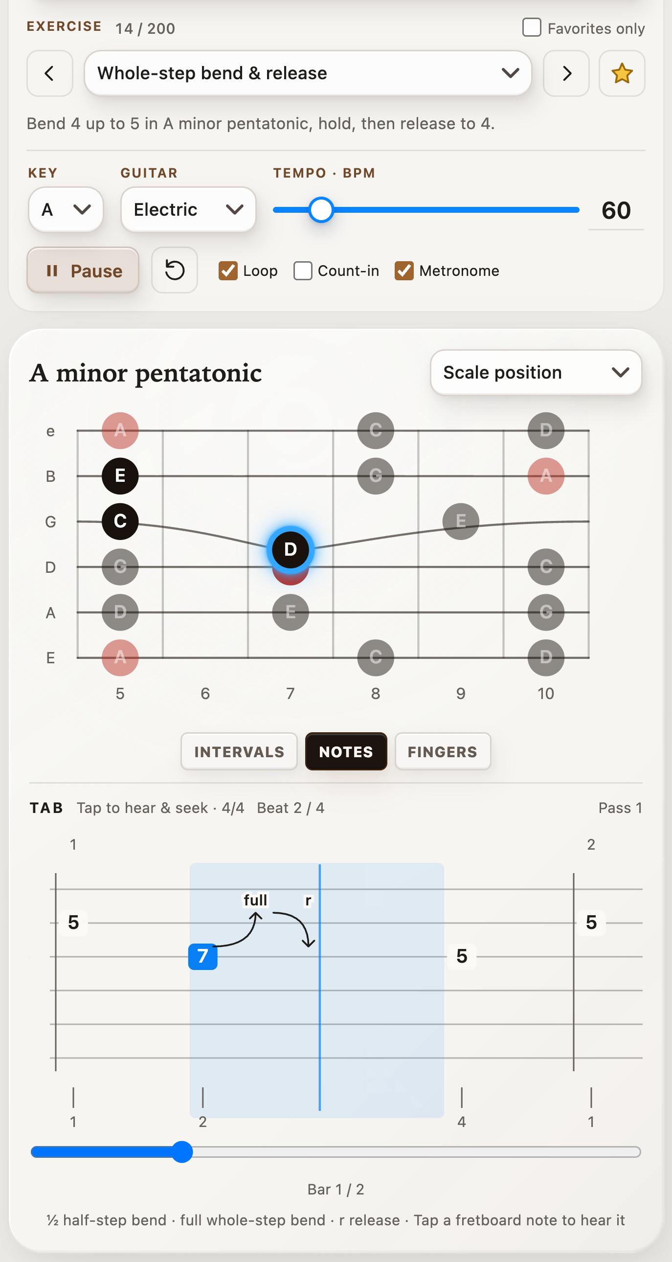 Bend exercise playing with matching TAB and fretboard highlights
