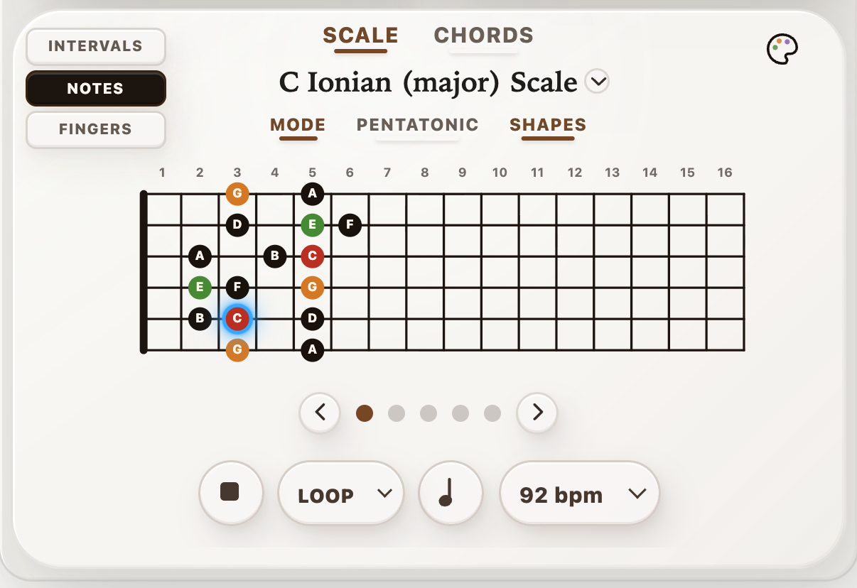 Scale shape playback controls across the fretboard