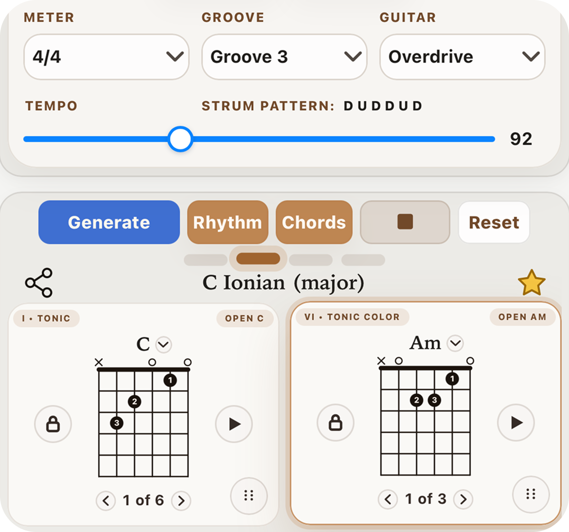 Playback controls with guitar chord progression