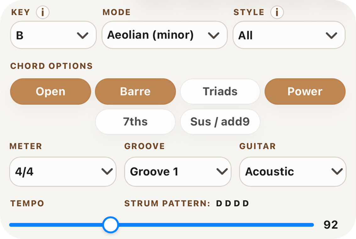 Key, mode, groove, chord type, and guitar sound controls
