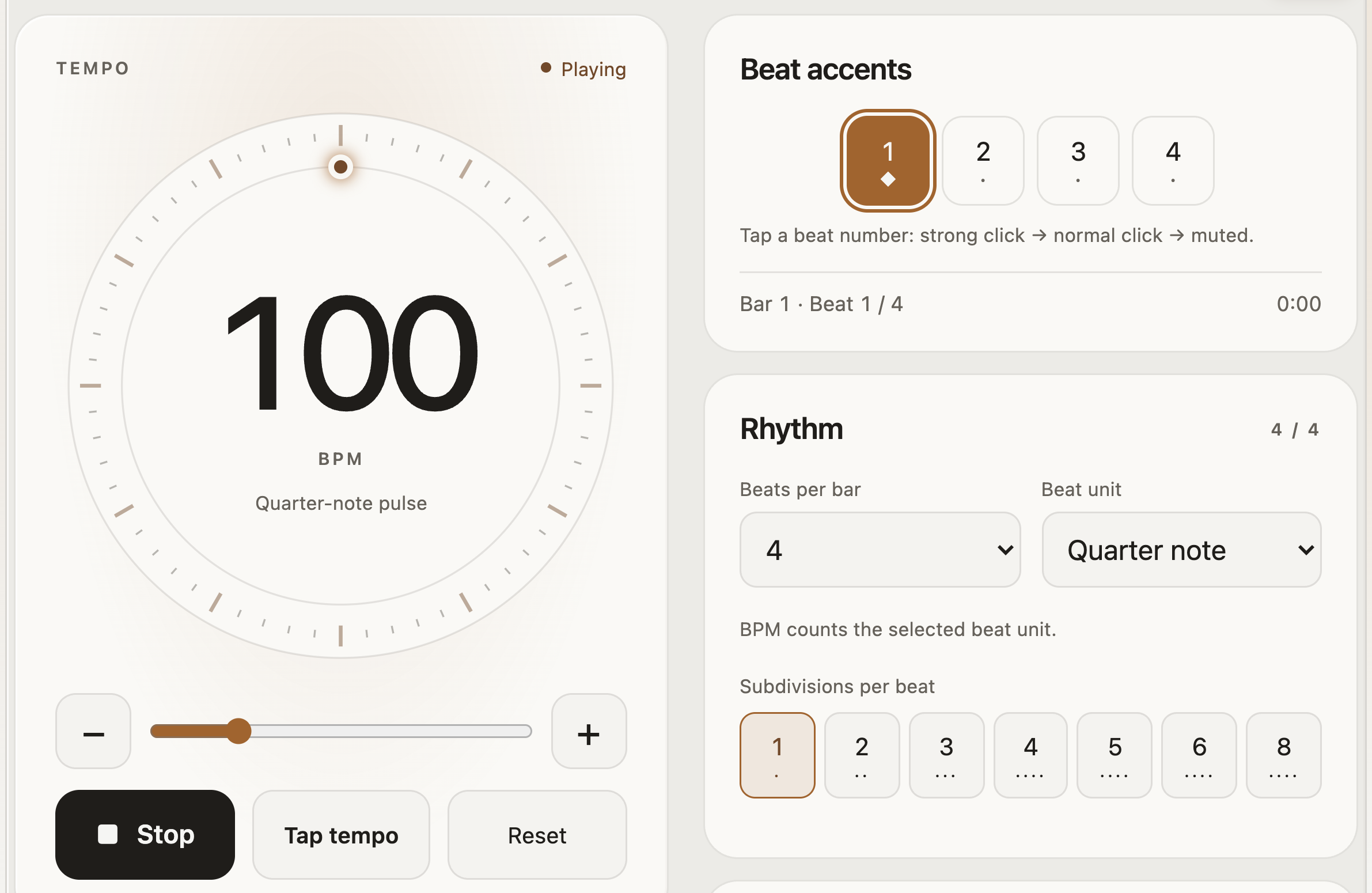 StrumForge metronome at 100 BPM with a visual dial, four beat accents, and rhythmic subdivision controls