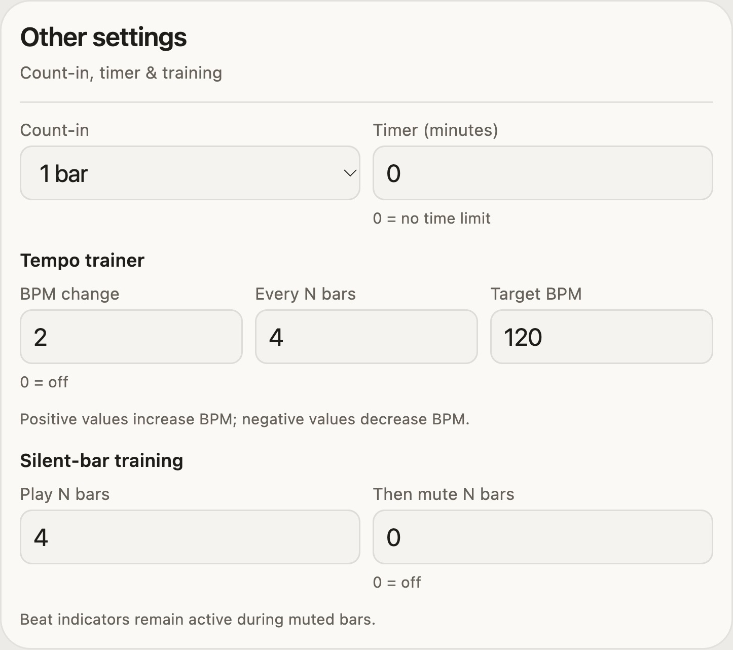Actual StrumForge tempo trainer settings: one-bar count-in, increase by 2 BPM every 4 bars, target 120 BPM
