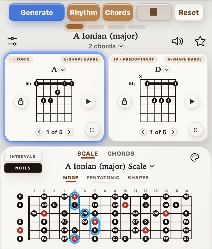 The active A major barre chord and its blue outlines on the A major scale diagram. The palette button is circled in red.